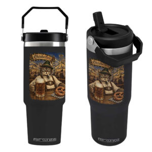 Vintage Oktoberfest Cat Drinking Beer Pretzel Lederhosen Graphic Flip Straw Tumbler Cool Bavarian Kitten German Heritage TS02