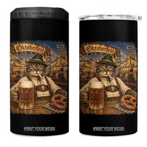 Vintage Oktoberfest Cat Drinking Beer Pretzel Lederhosen Graphic 4 in 1 Can Cooler Tumbler Cool Bavarian Kitten German Heritage TS02