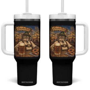 Vintage Oktoberfest Cat Drinking Beer Pretzel Lederhosen Graphic Tumbler With Handle Cool Bavarian Kitten German Heritage TS02