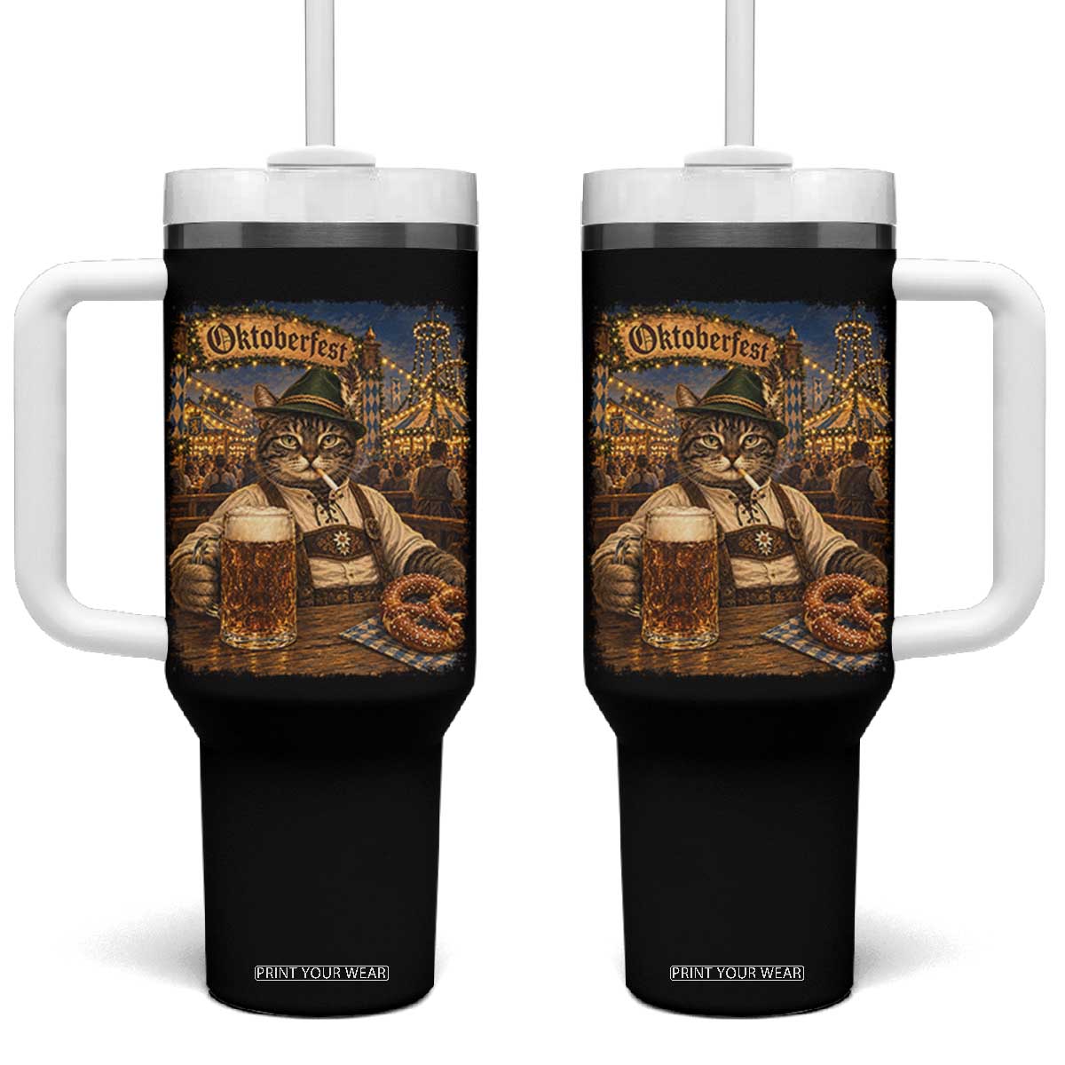 Vintage Oktoberfest Cat Drinking Beer Pretzel Lederhosen Graphic Tumbler With Handle Cool Bavarian Kitten German Heritage TS02