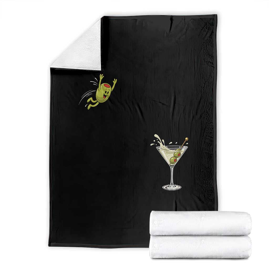 Dirty Martini Dive Funny Cocktail Drinker Throw Blanket Funny Olive Jumping Into Martini Glass Cocktail Cartoon Graphic TS10