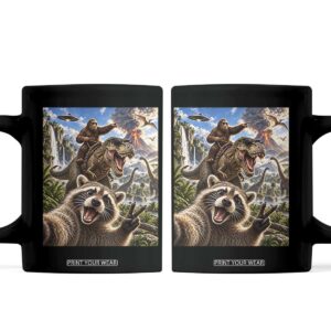 Raccoon Selfie Bigfoot Riding Dinosaur UFO Prehistoric Graphic Coffee Mug TS10