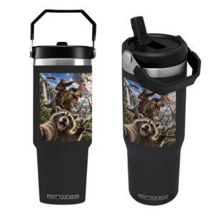 Raccoon Selfie Bigfoot Riding Dinosaur UFO Prehistoric Graphic Flip Straw Tumbler TS10