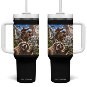Raccoon Selfie Bigfoot Riding Dinosaur UFO Prehistoric Graphic Tumbler With Handle TS10