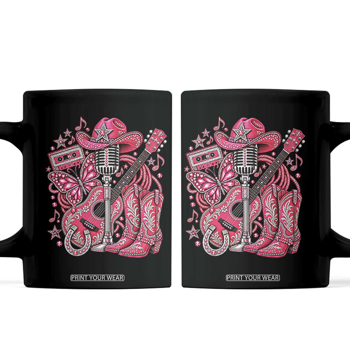 Pink Glam Cowgirl Boots Butterfly Rhinestone Country Music Tribute Coffee Mug TS10
