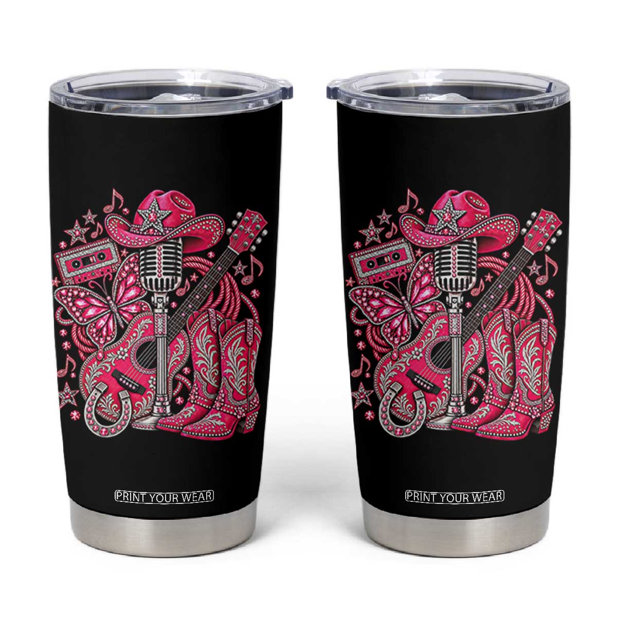 Pink Glam Cowgirl Boots Butterfly Rhinestone Country Music Tribute Tumbler Cup TS10